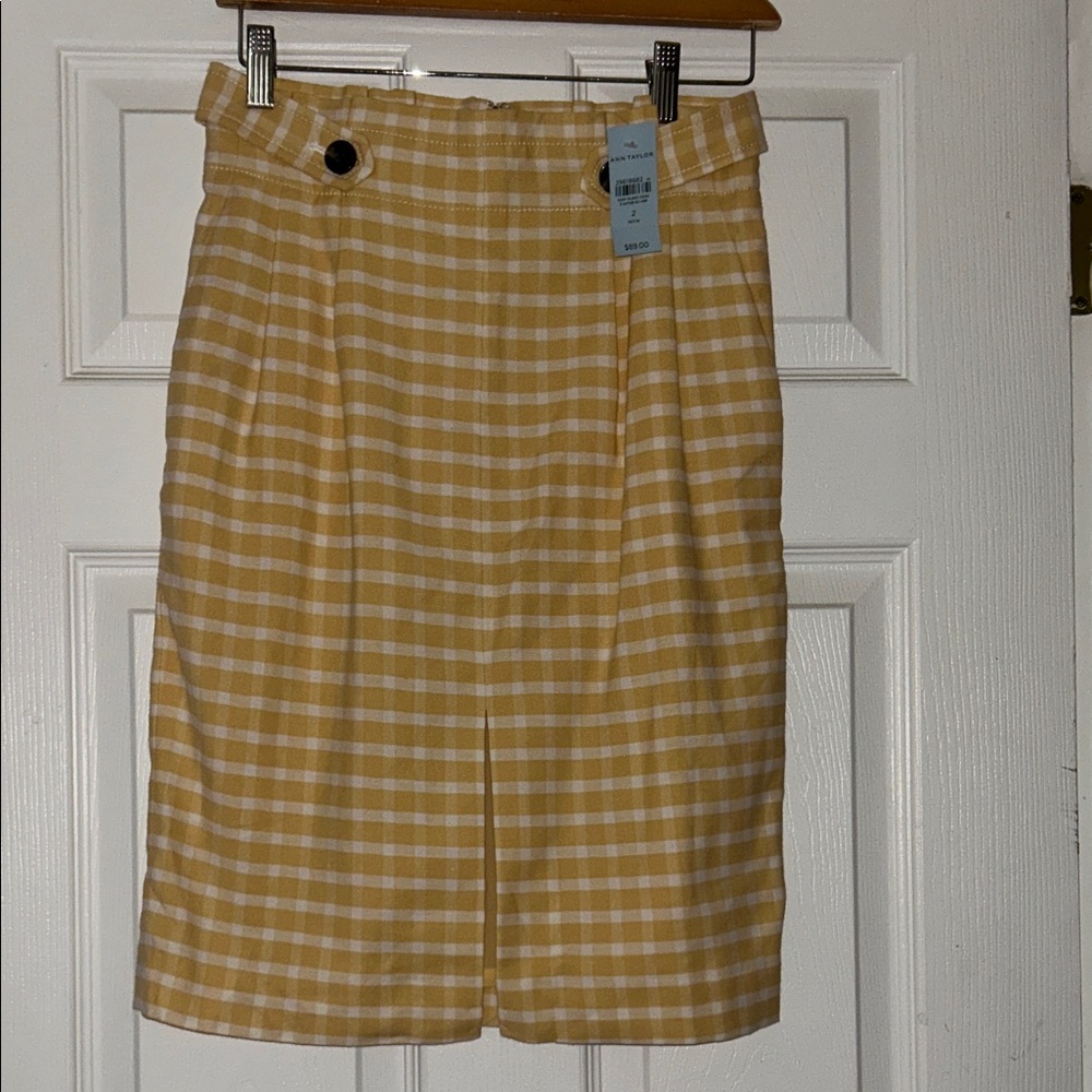 Ann Taylor Yellow & White Gingham Pencil Skirt with Waist Buttons